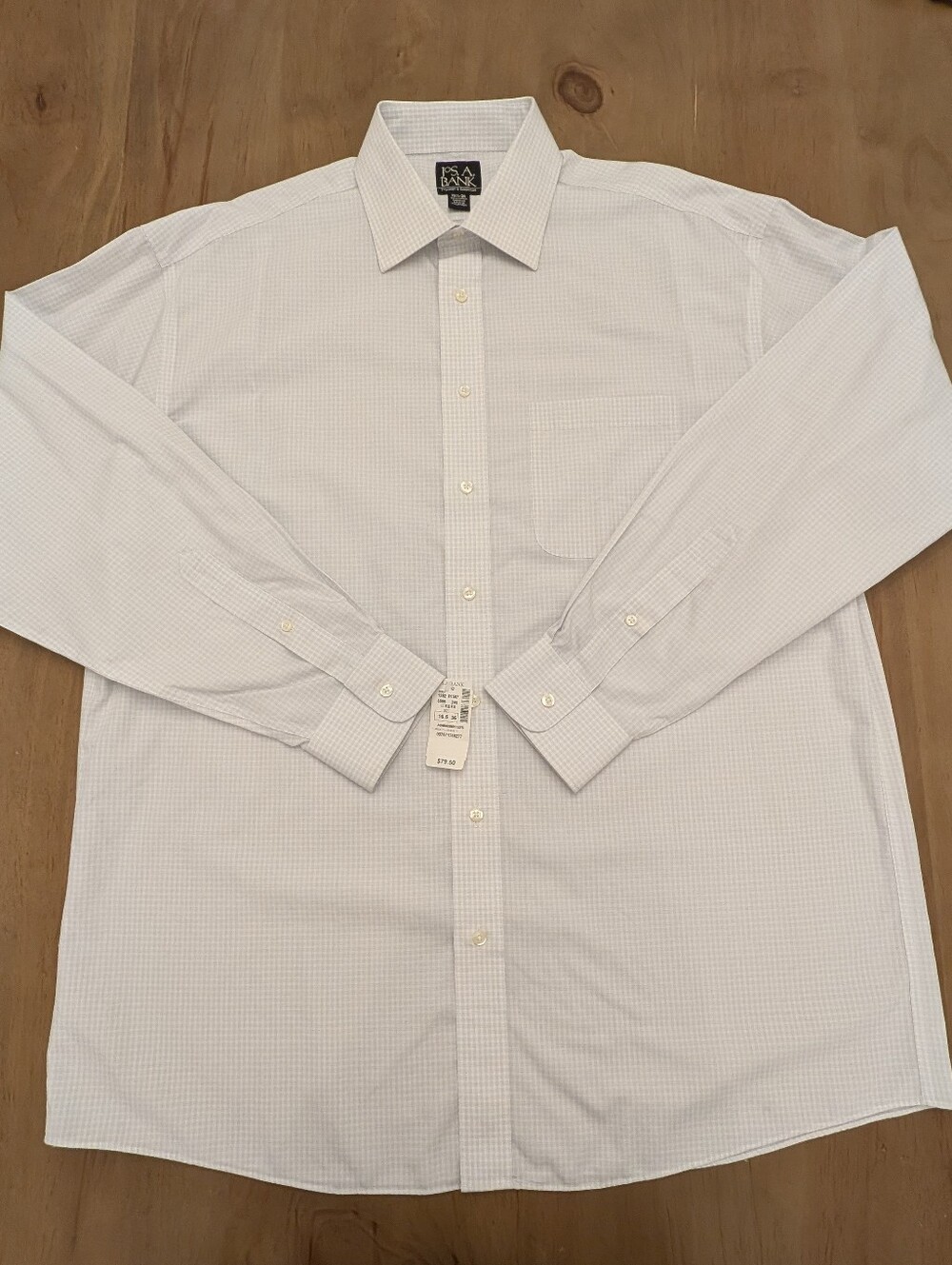New Jos A Bank Men's White with Light Blue Micro-Check Dress Shirt 16 1/2 X 36